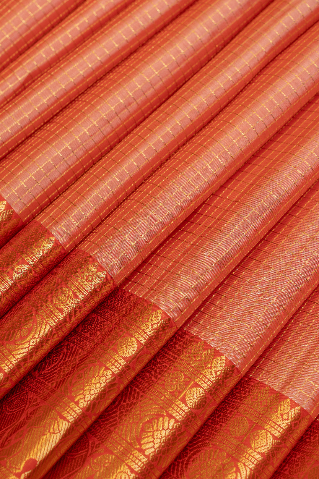 Peach and red vintage checks pure Kanchipuram silk saree