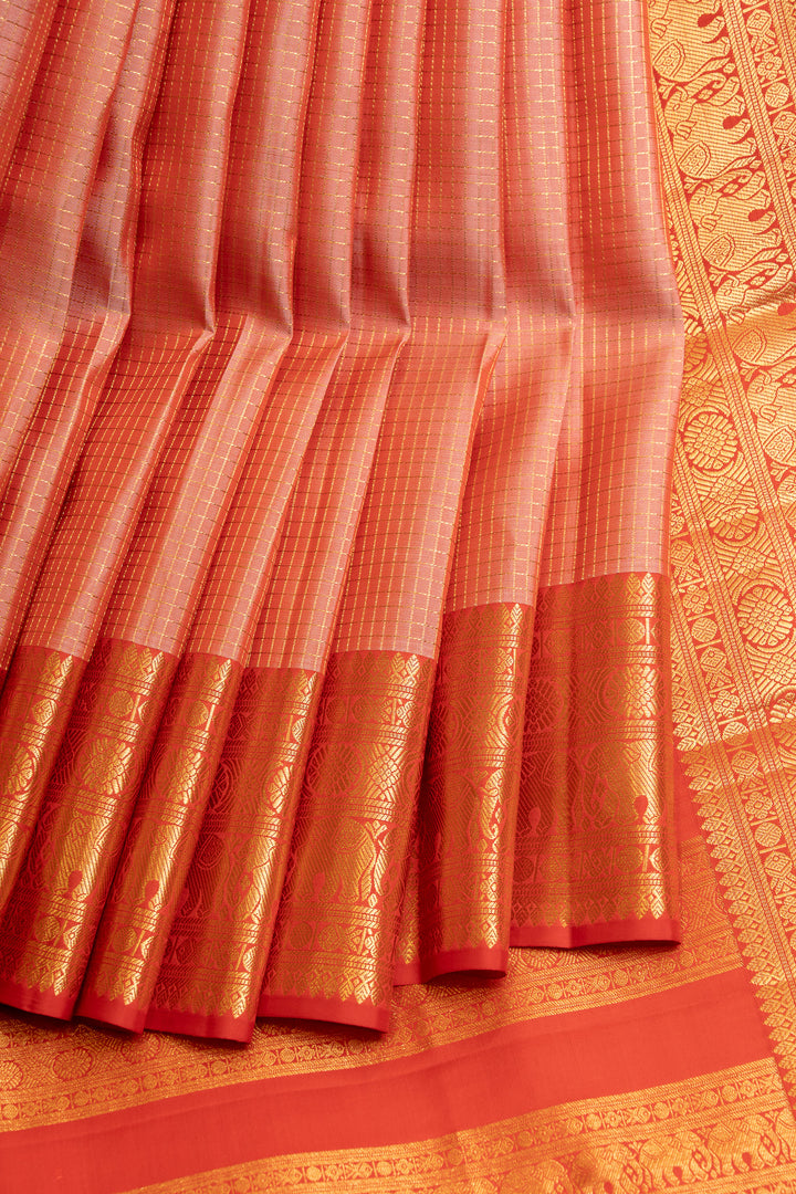 Peach and red vintage checks pure Kanchipuram silk saree