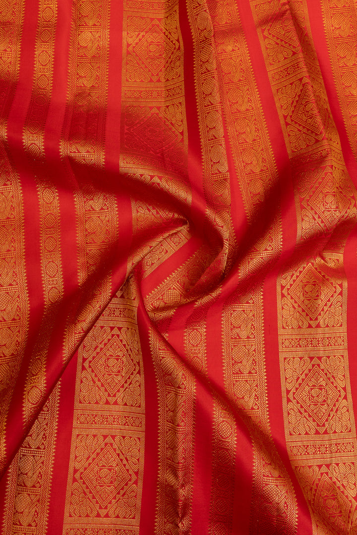 Peach and red varisaipettu pure Kanchipuram silk saree