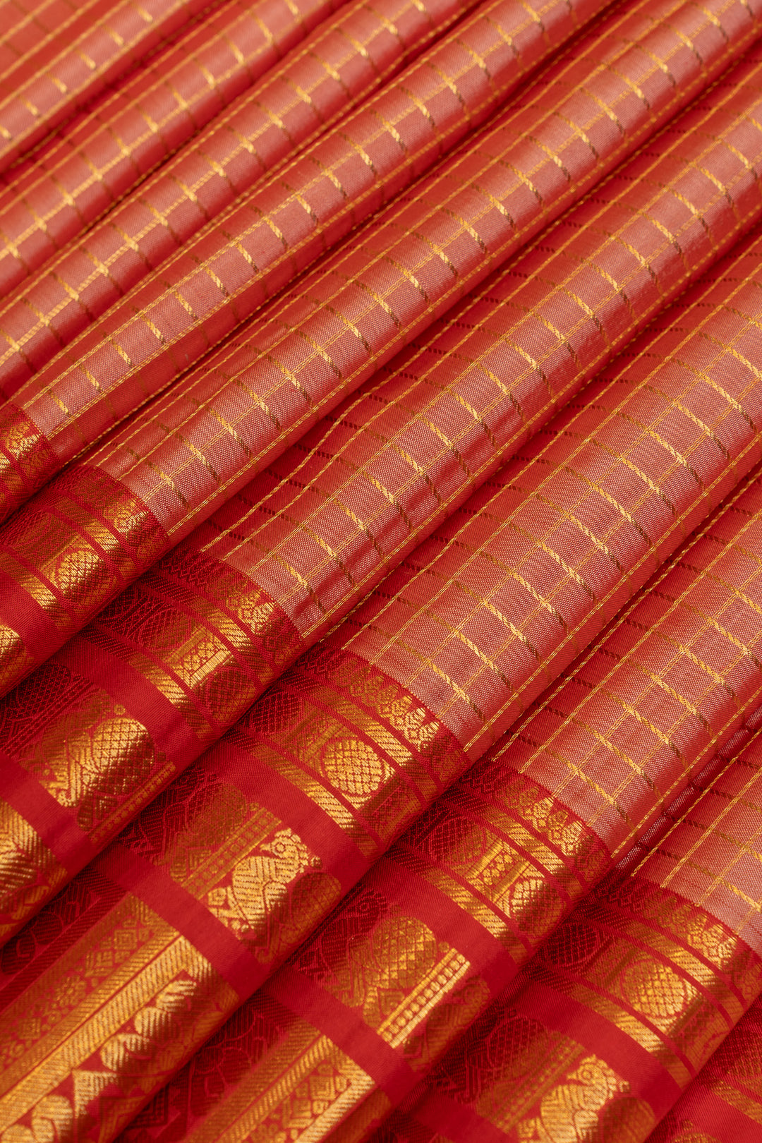 Peach and red varisaipettu pure Kanchipuram silk saree