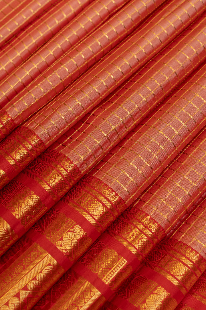 Peach and red varisaipettu pure Kanchipuram silk saree