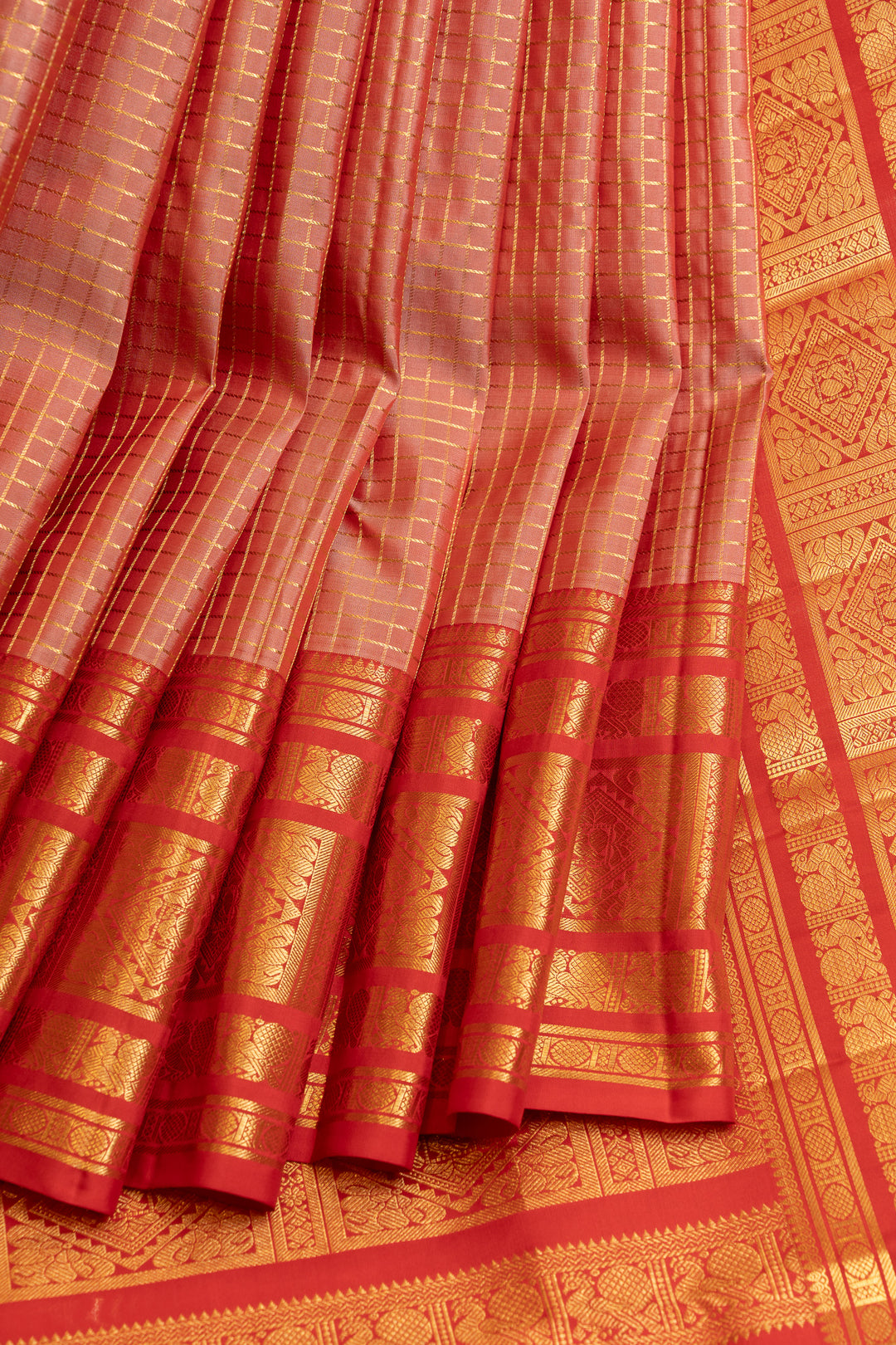 Peach and red varisaipettu pure Kanchipuram silk saree