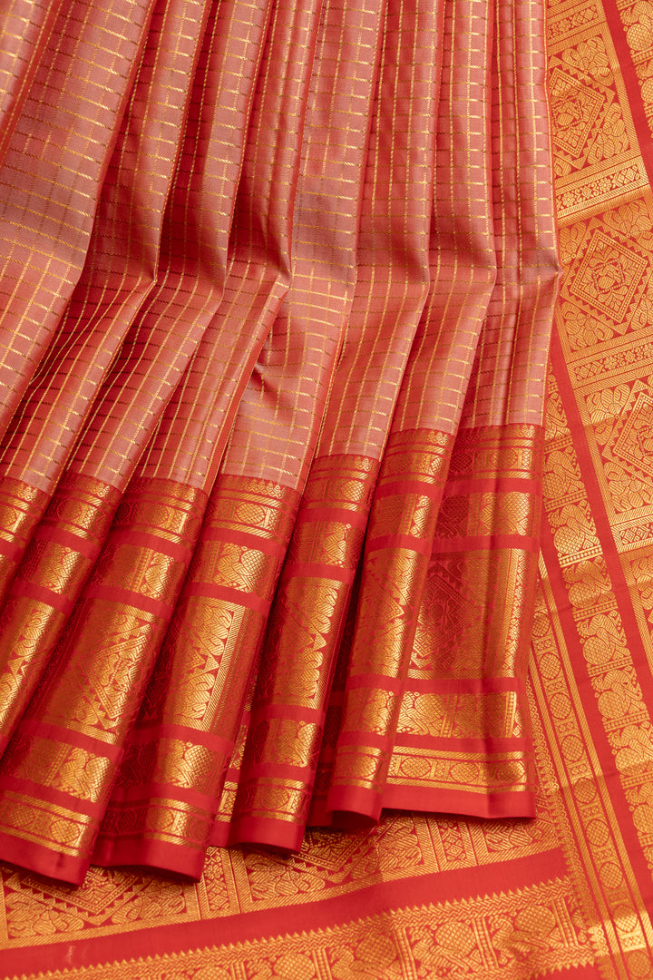 Peach and red varisaipettu pure Kanchipuram silk saree