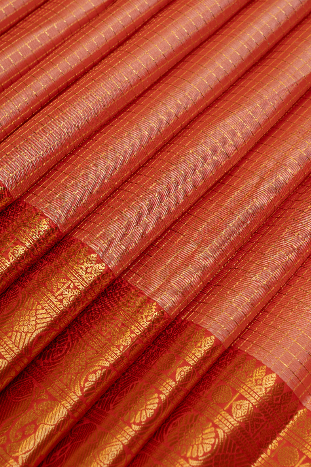 Apricot peach and red pure Kanchipuram silk saree
