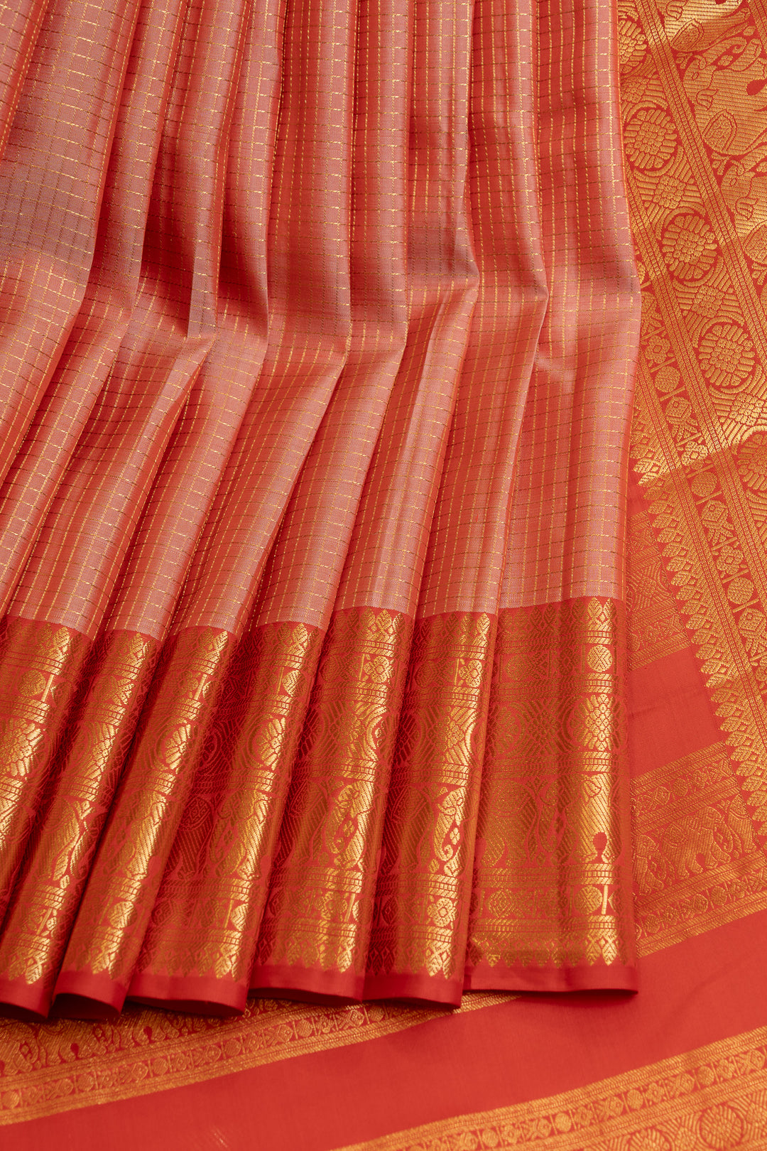 Apricot peach and red pure Kanchipuram silk saree