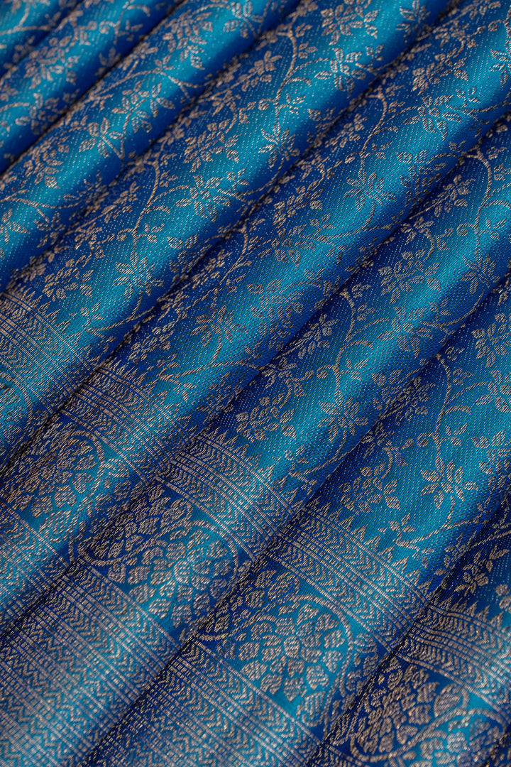 Peacock blue floral brocade pure Kanchipuram silk saree