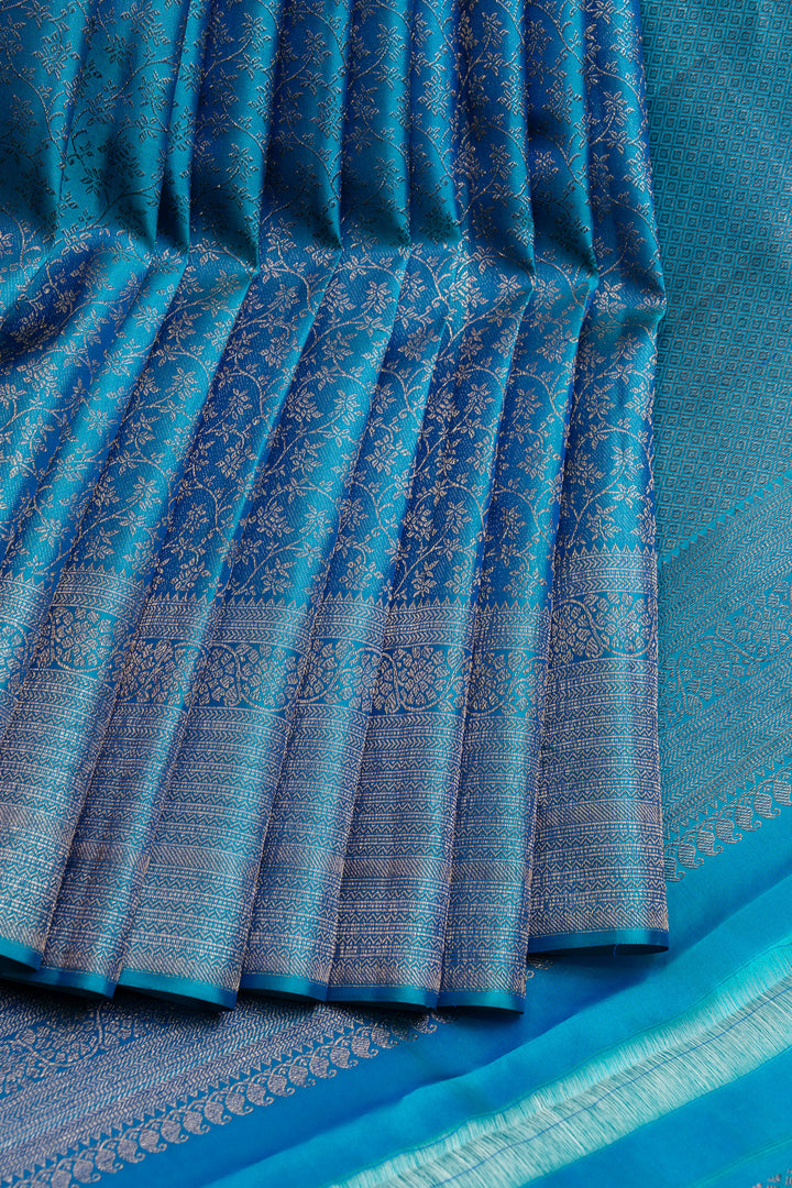 Peacock blue floral brocade pure Kanchipuram silk saree
