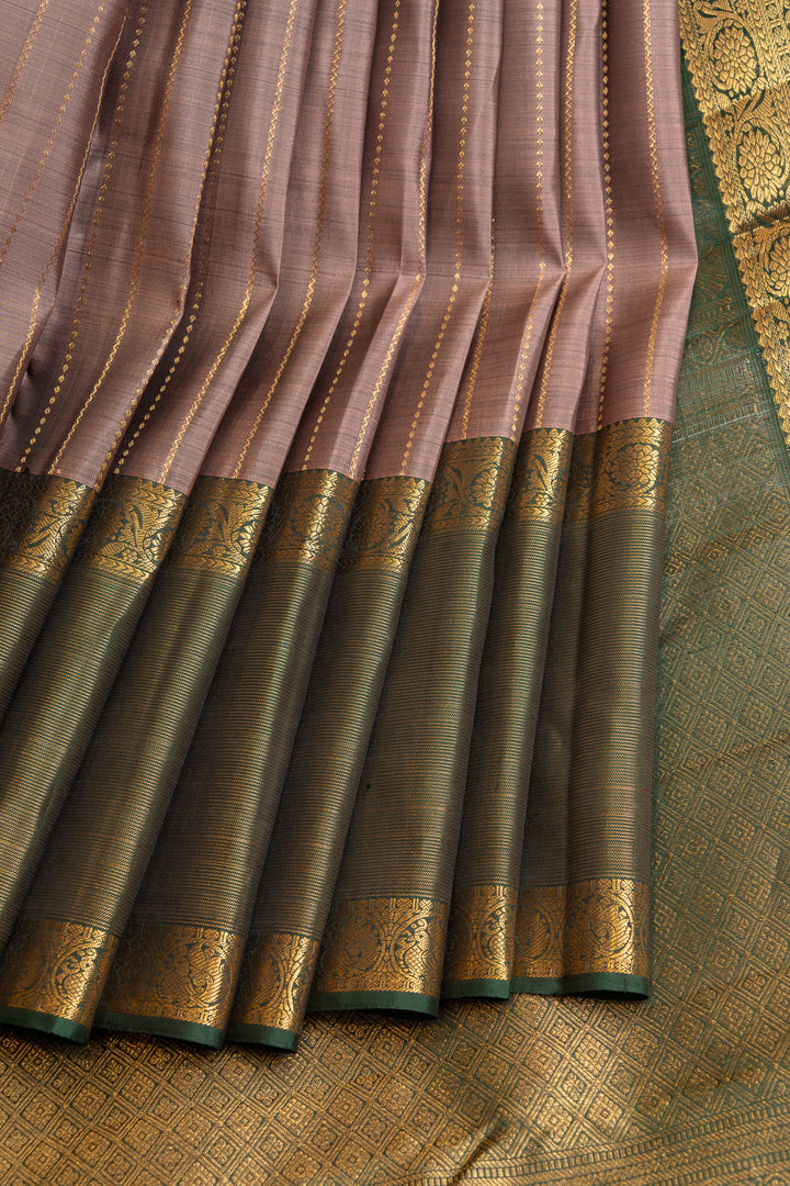 Mauve and sage green stripes pure Kanchipuram silk saree