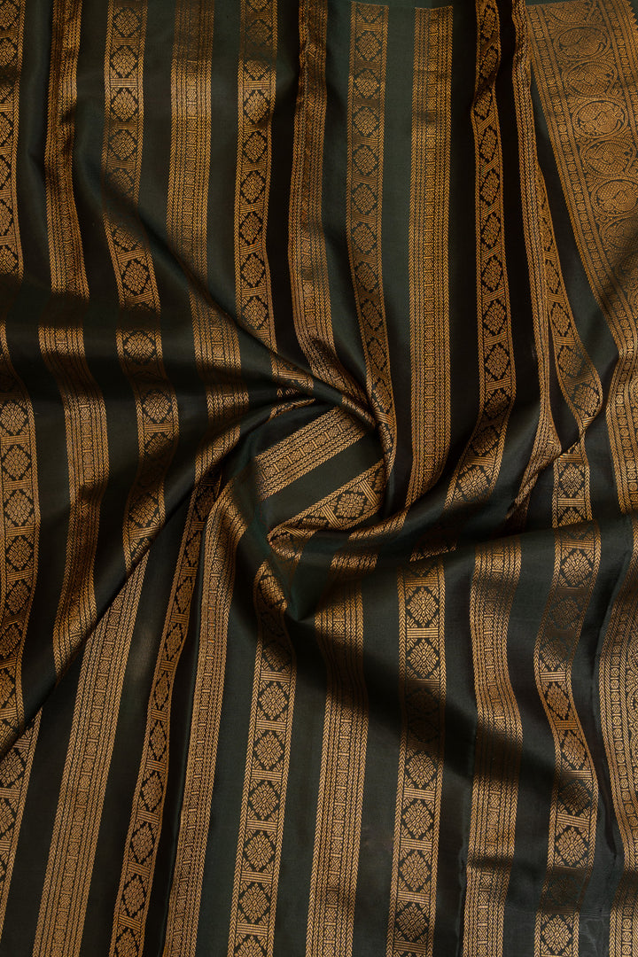 Maroon and bottle green neli stripes pure Kanchipuram silk saree