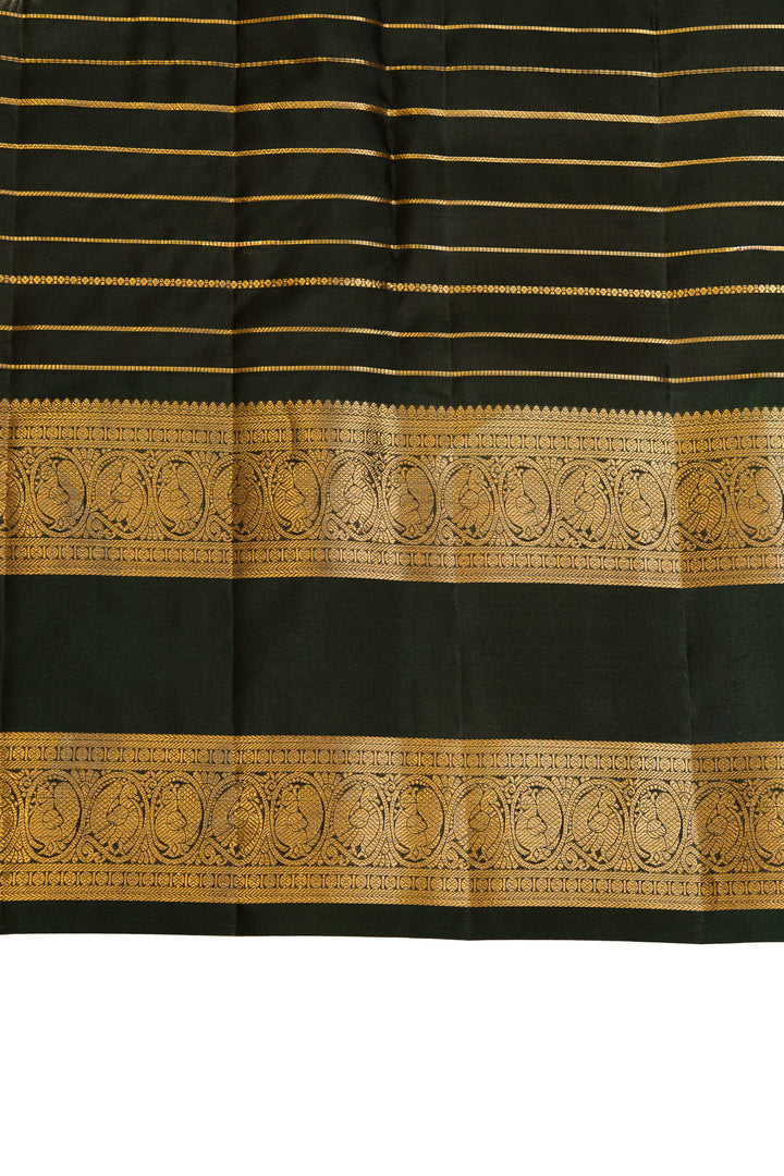 Maroon and bottle green neli stripes pure Kanchipuram silk saree