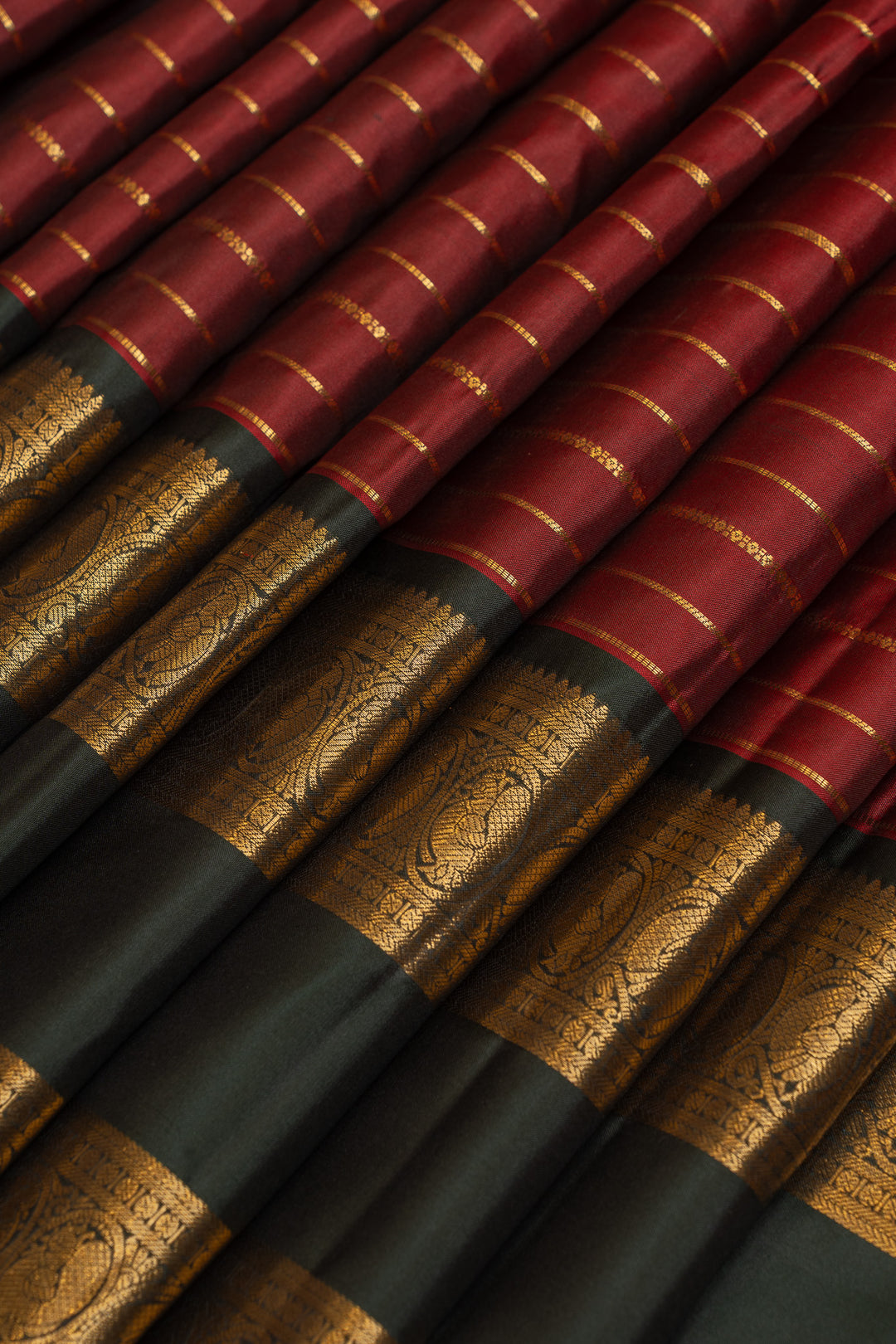 Maroon and bottle green neli stripes pure Kanchipuram silk saree