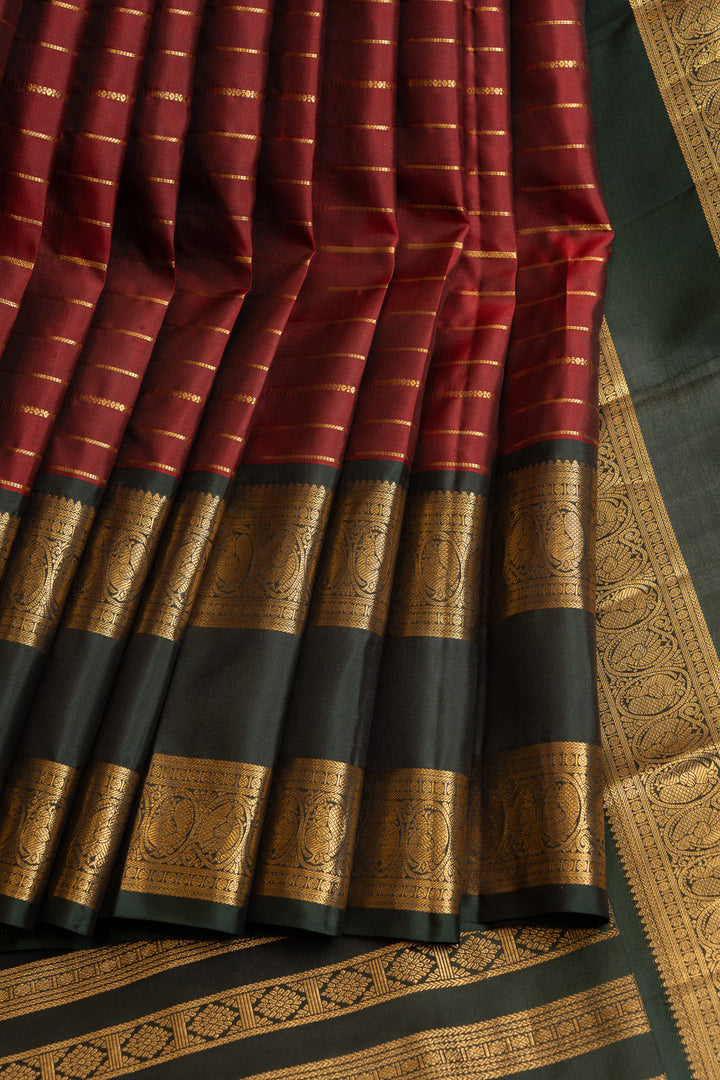 Maroon and bottle green neli stripes pure Kanchipuram silk saree
