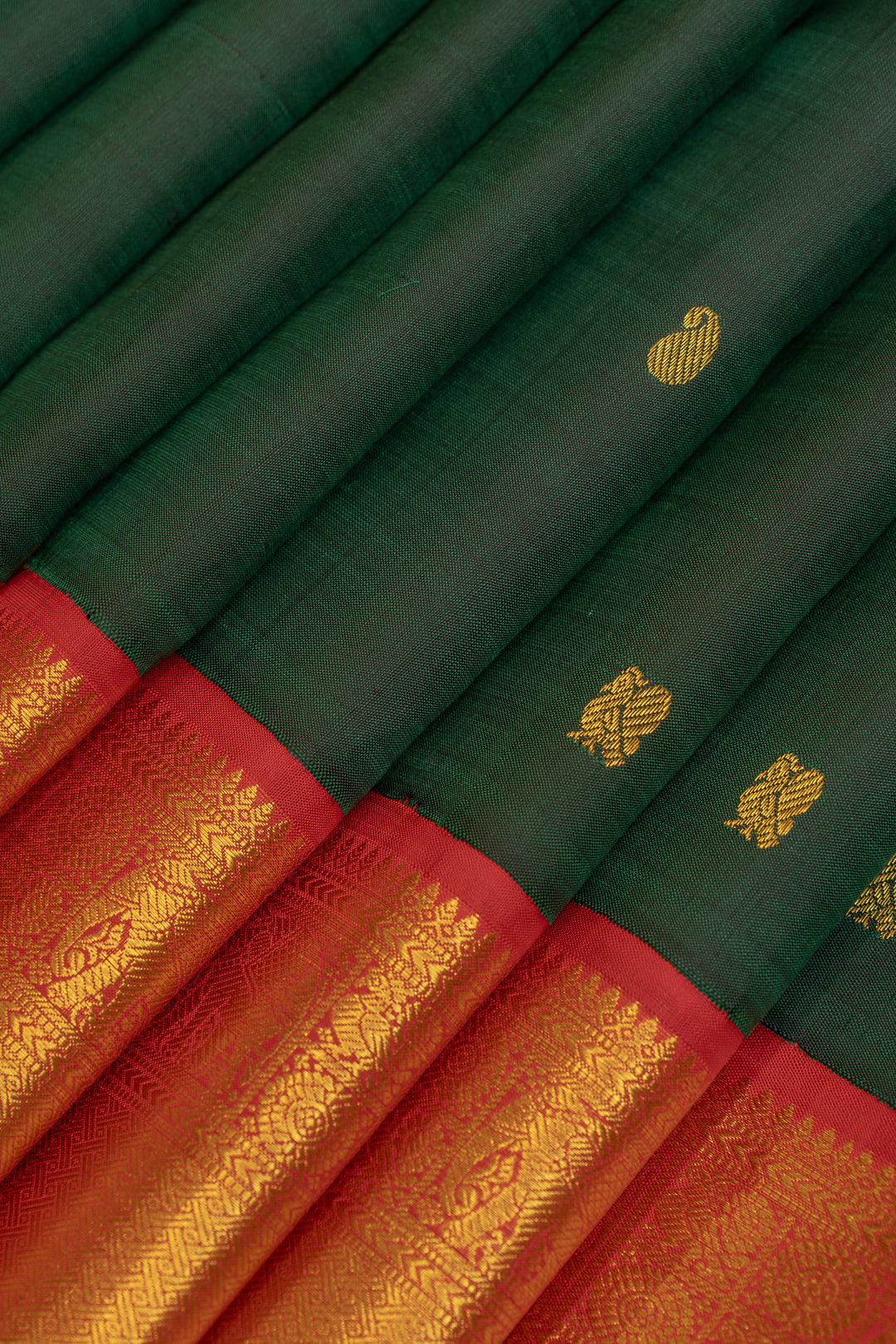Bottle green and red traditional pure Kanchipuram silk saree