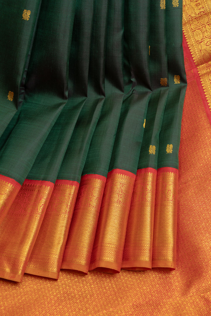 Bottle green and red traditional pure Kanchipuram silk saree