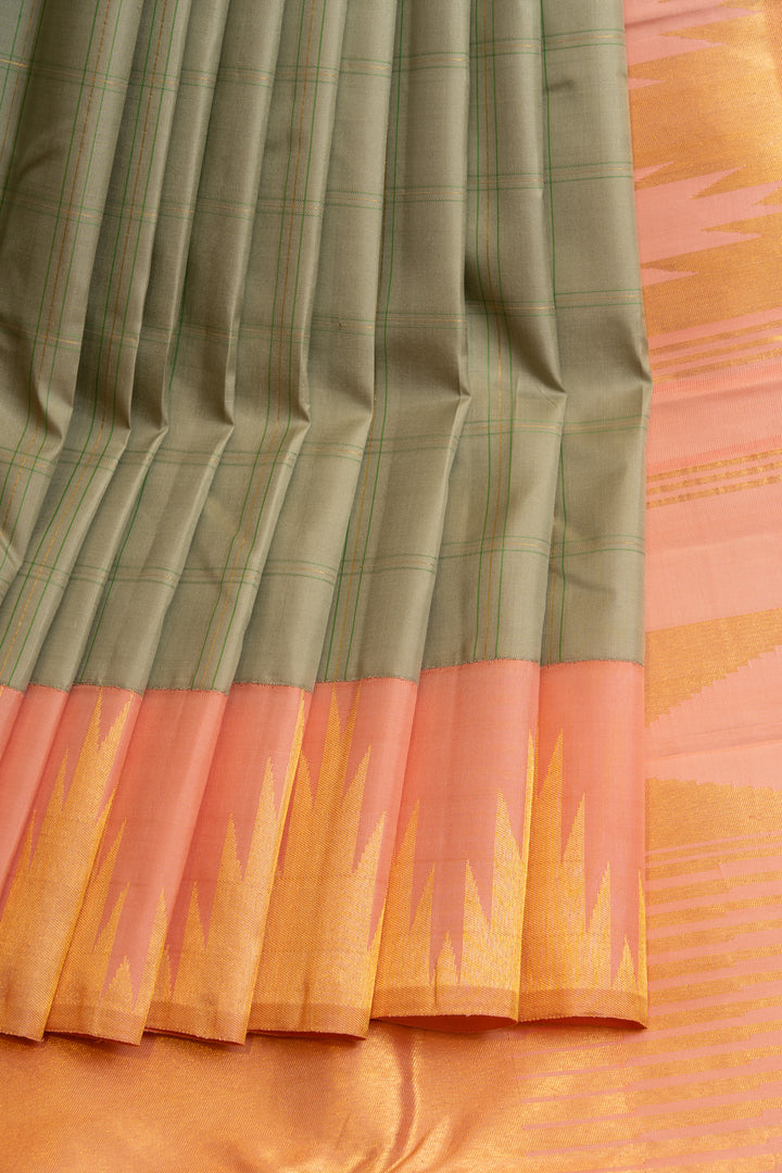 Sage green and pink temple border pure Kanchipuram silk saree
