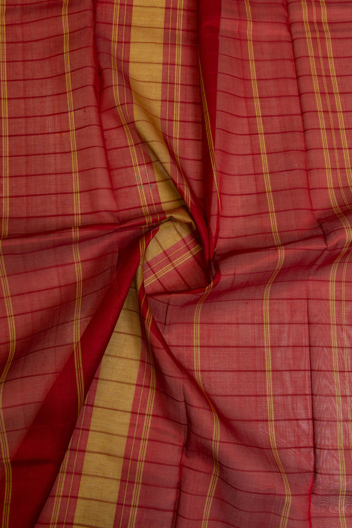 Mustard and red handwoven pure cotton and silk Border saree