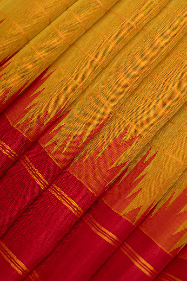 Mustard and red handwoven pure cotton and silk Border saree