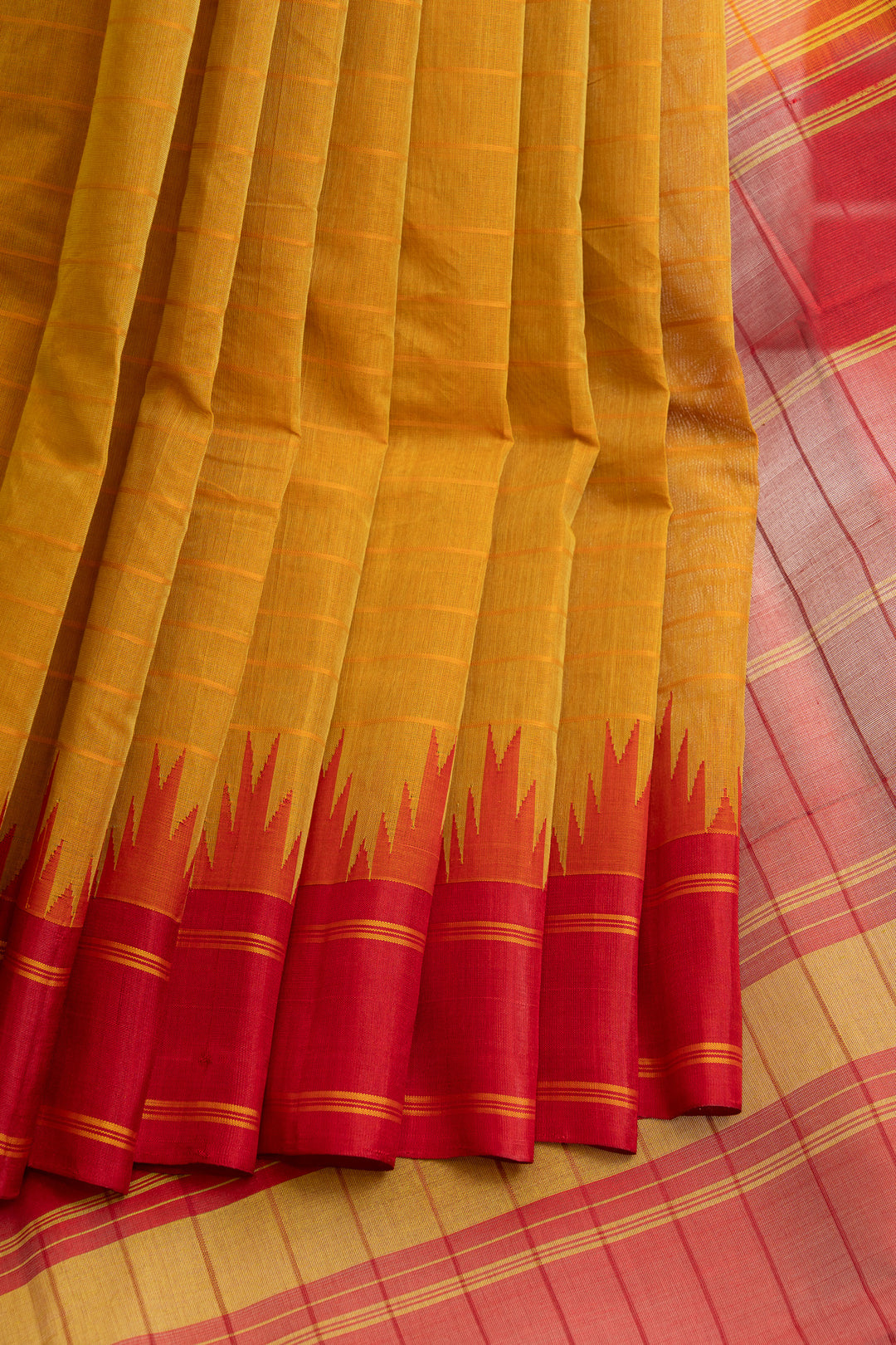 Mustard and red handwoven pure cotton and silk Border saree