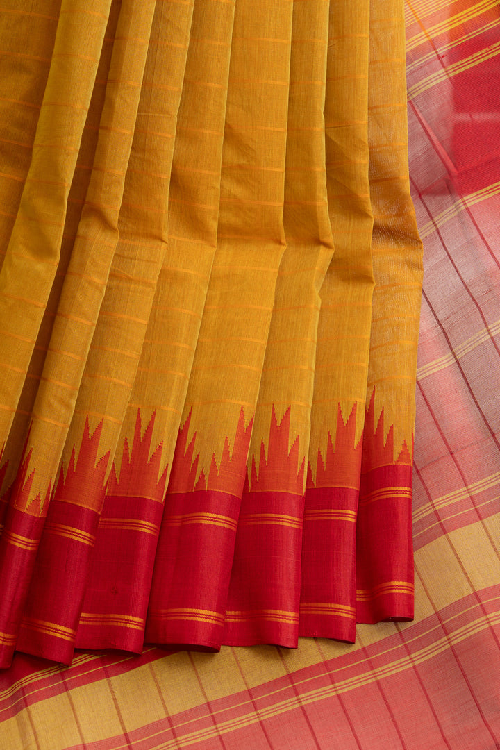 Mustard and red handwoven pure cotton and silk Border saree
