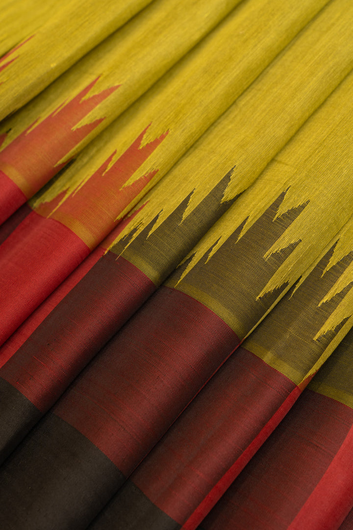 Lime green temple border pure cotton silk border saree