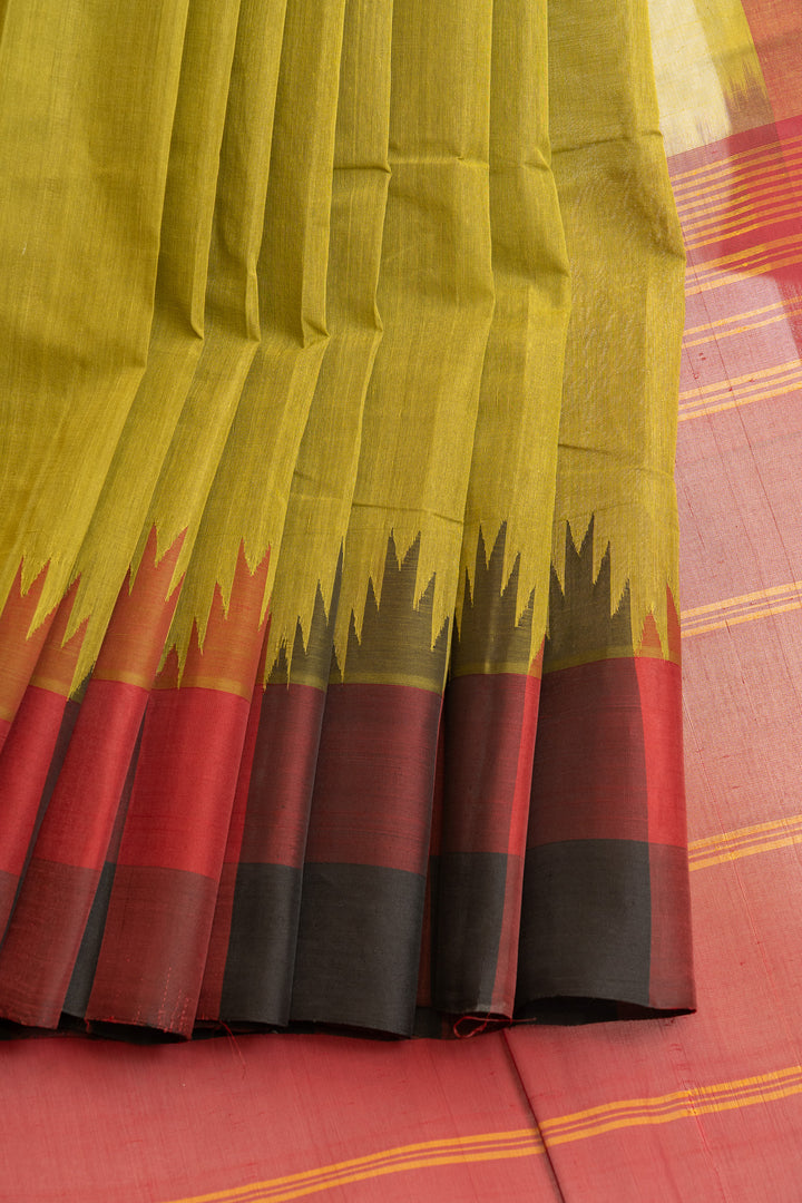 Lime green temple border pure cotton silk border saree