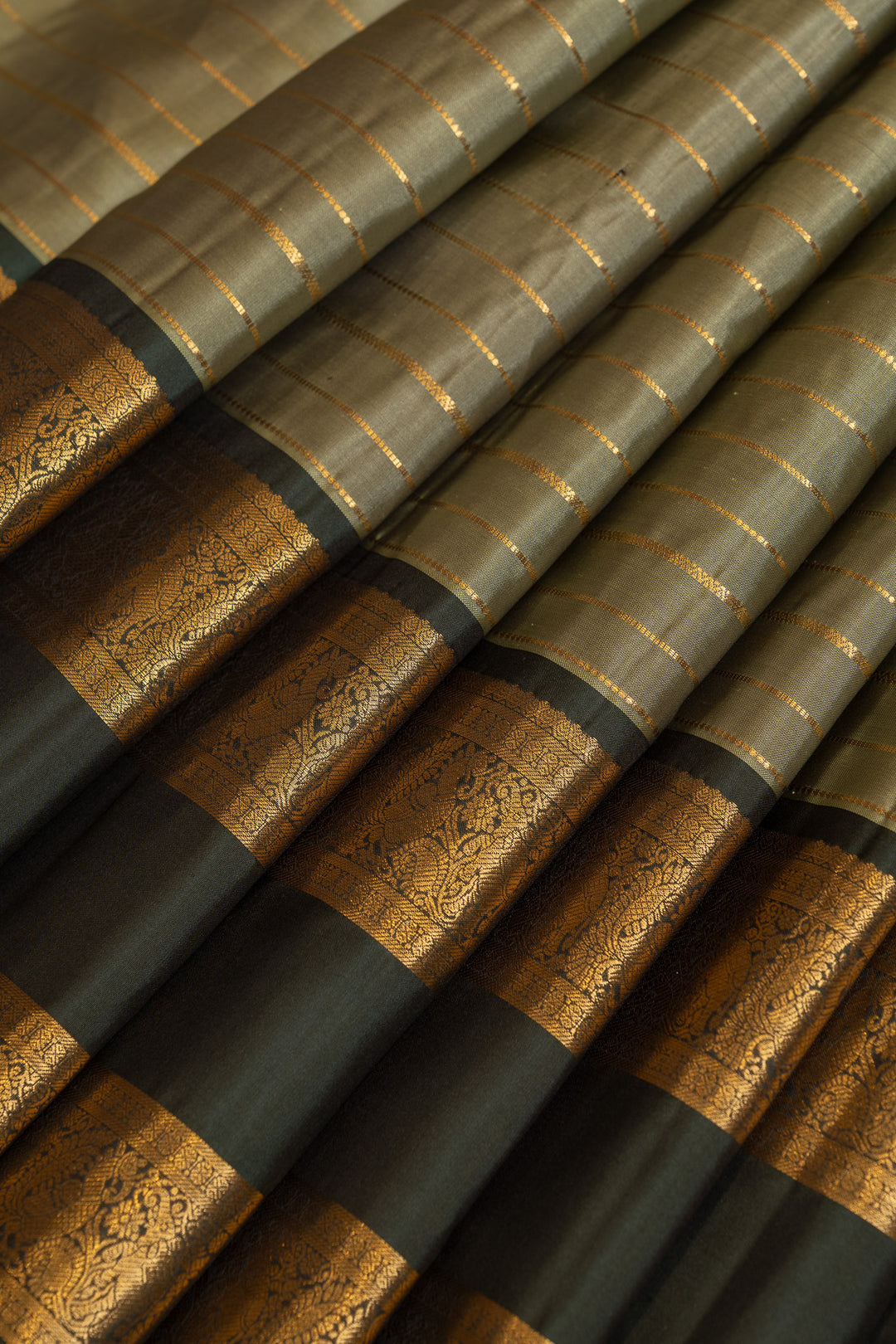 Sage green and bottle green vintage stripes  pure Kanchipuram silk saree