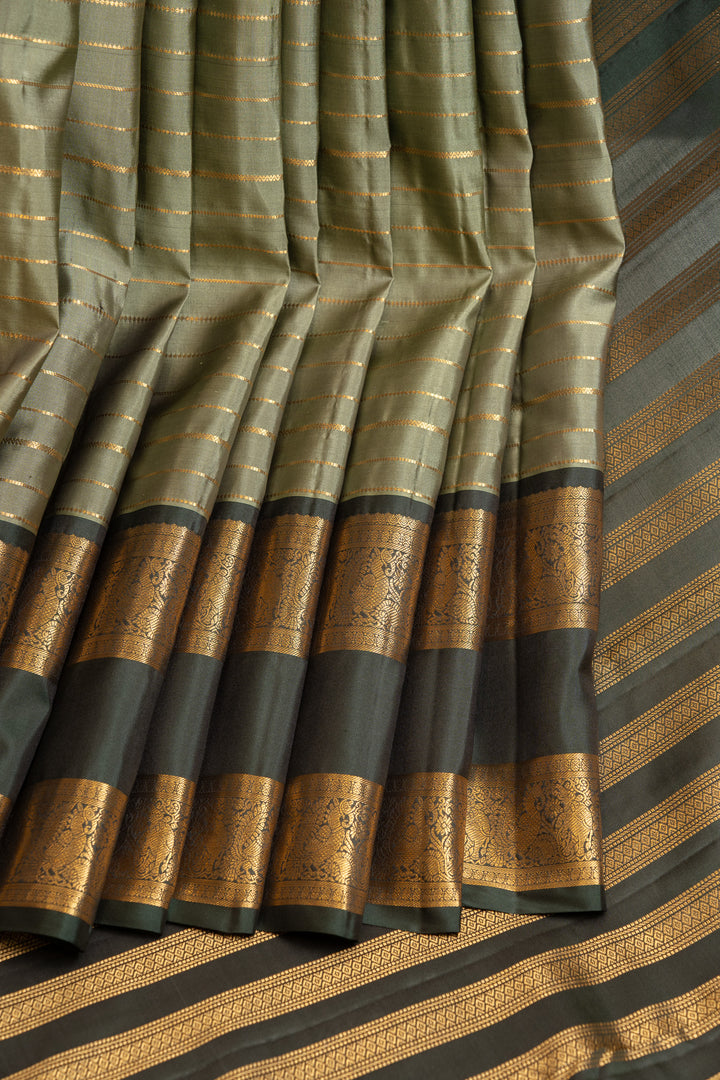 Sage green and bottle green vintage stripes  pure Kanchipuram silk saree