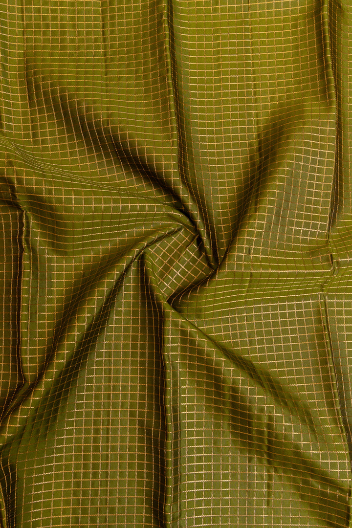 Mehendi green and red Vintage checks  pure Kanchipuram silk saree