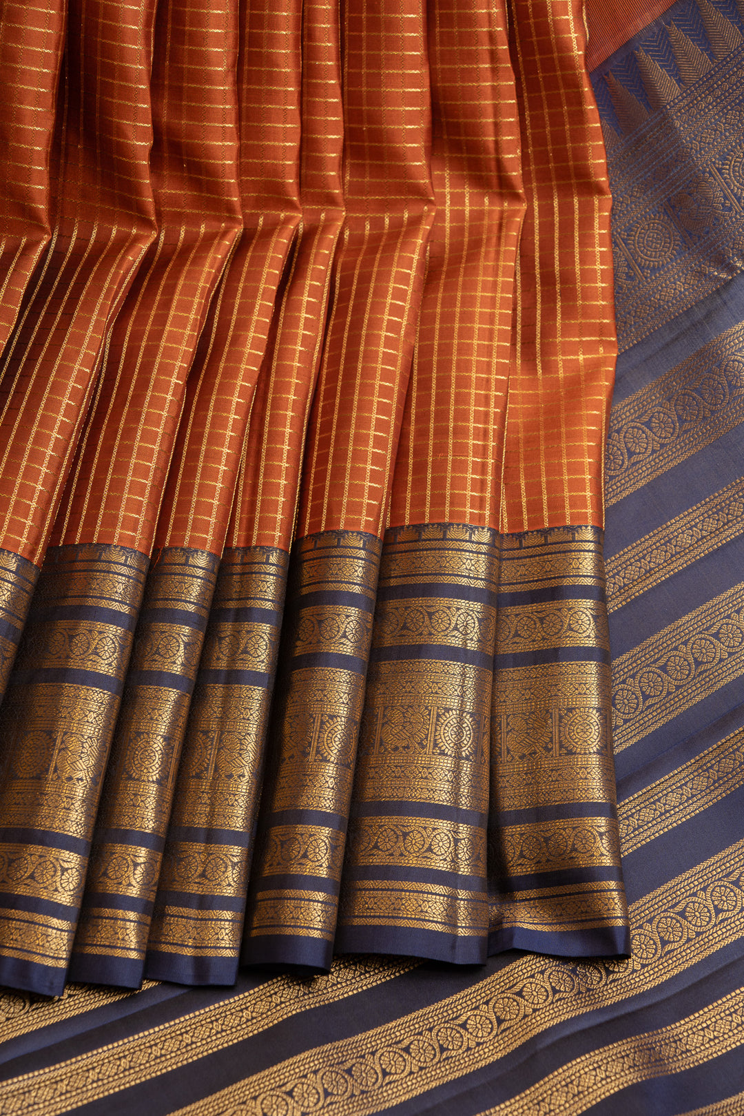 Rust orange and blue varisaipettu  pure Kanchipuram silk saree