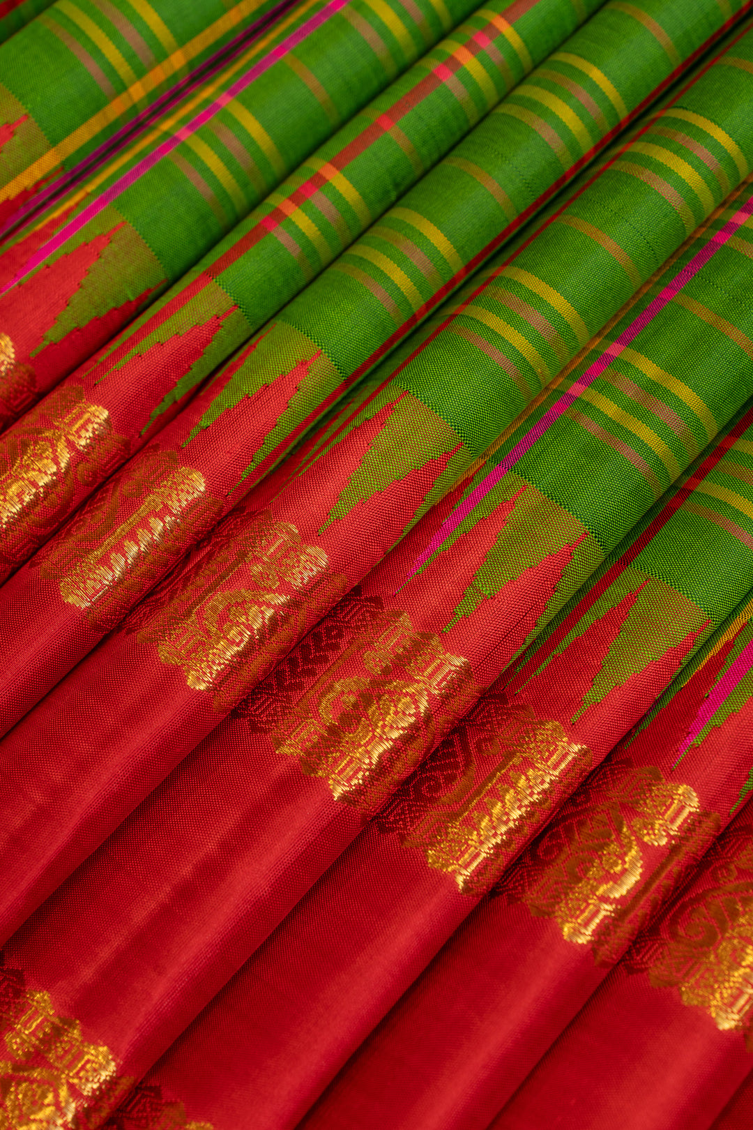 Green and red multi checks rettai pettu pure Kanchipuram silk sarees
