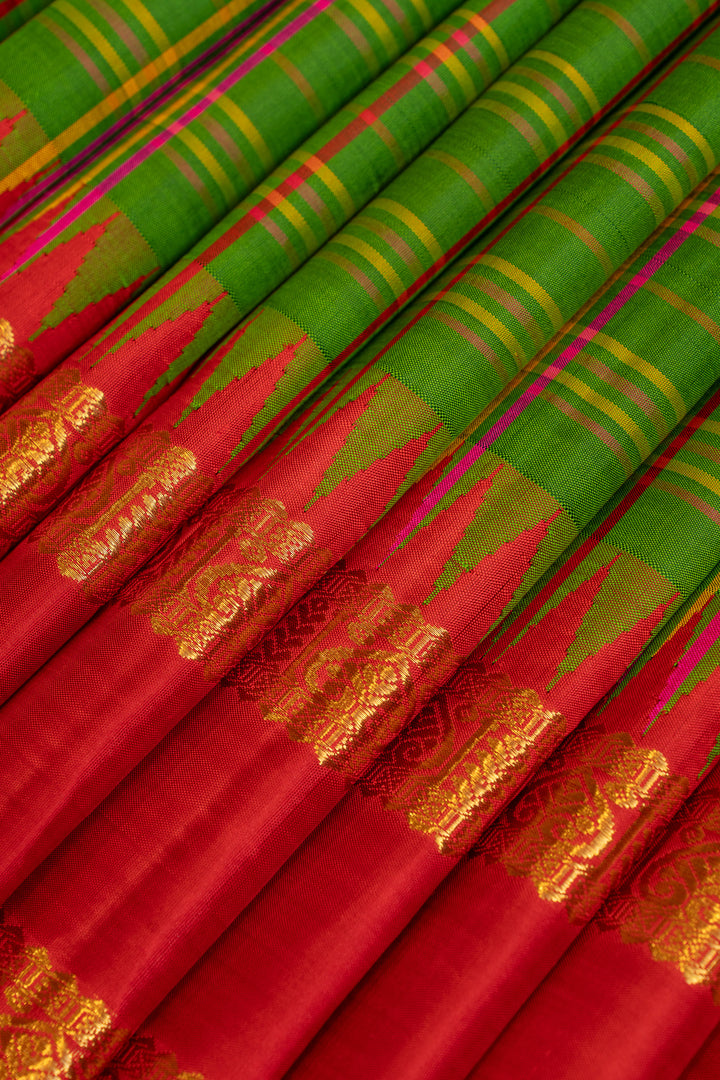 Green and red multi checks rettai pettu pure Kanchipuram silk sarees