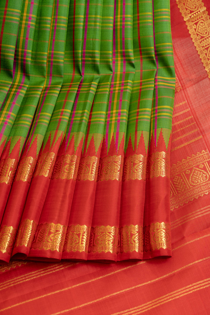 Green and red multi checks rettai pettu pure Kanchipuram silk sarees
