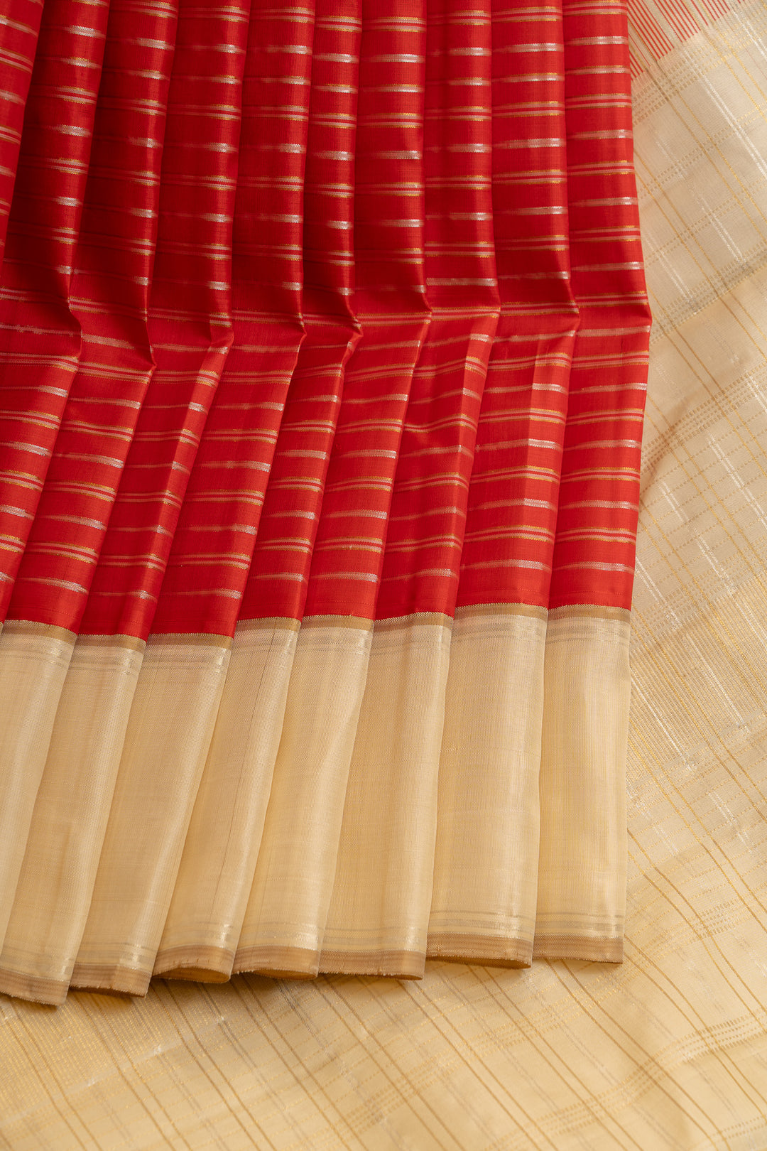 Red and ivory stripes pure Kanchipuram silk saree