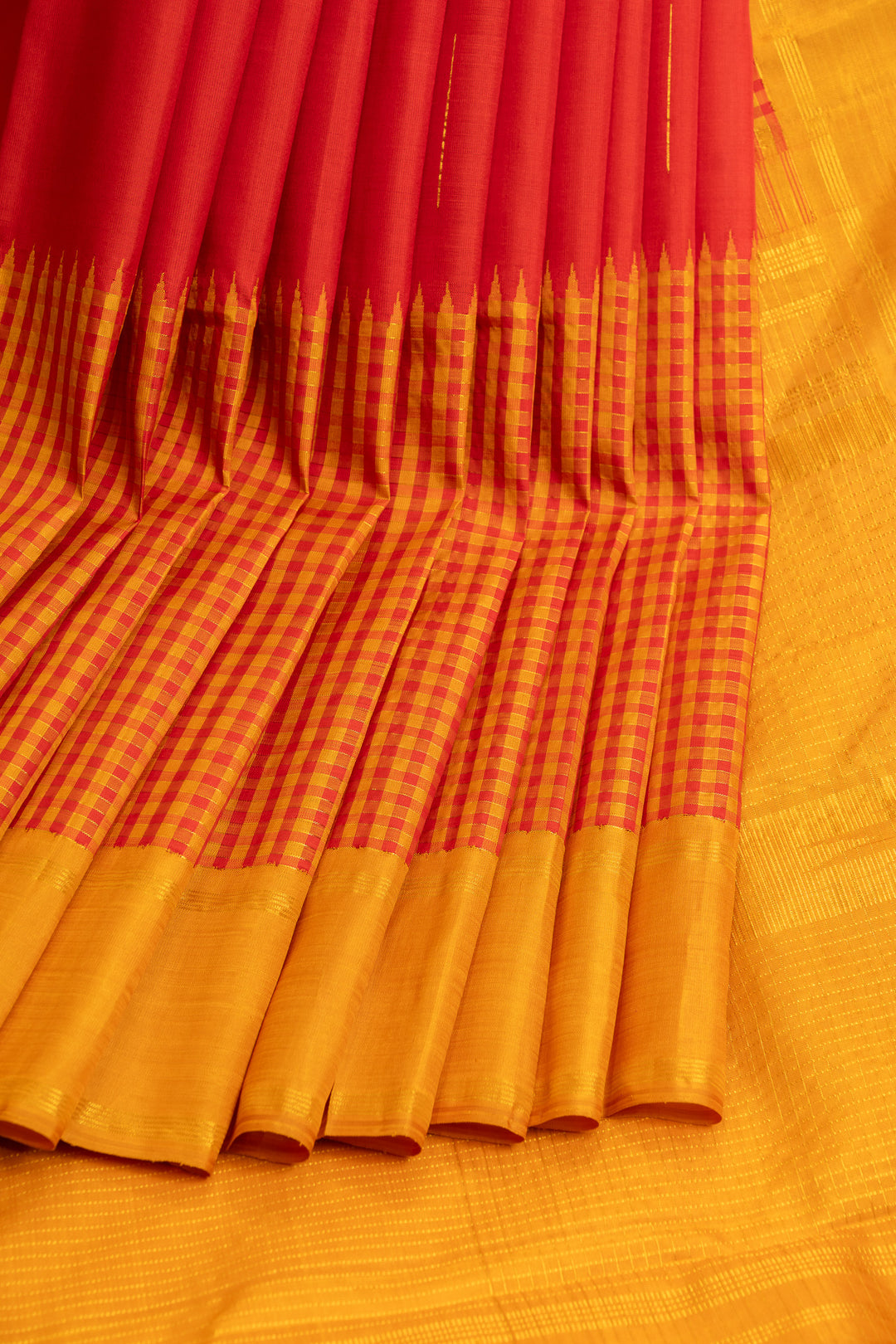 Red and mustard mupagam pure Kanchipuram silk saree