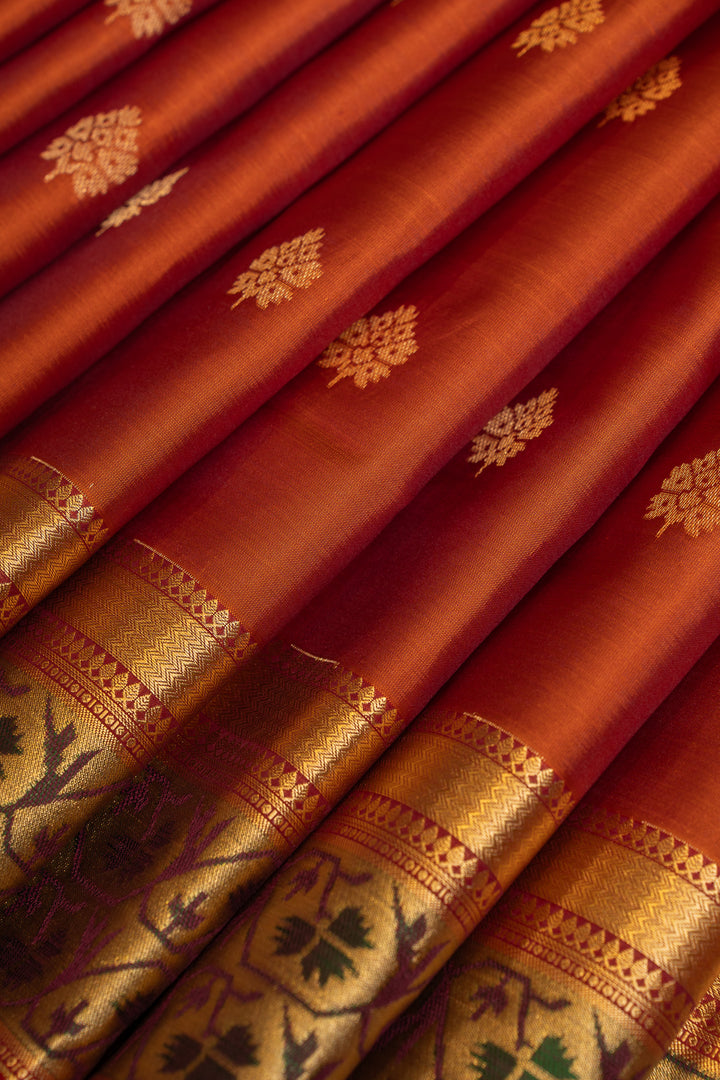 Rust orange Paithani border pure soft silk saree