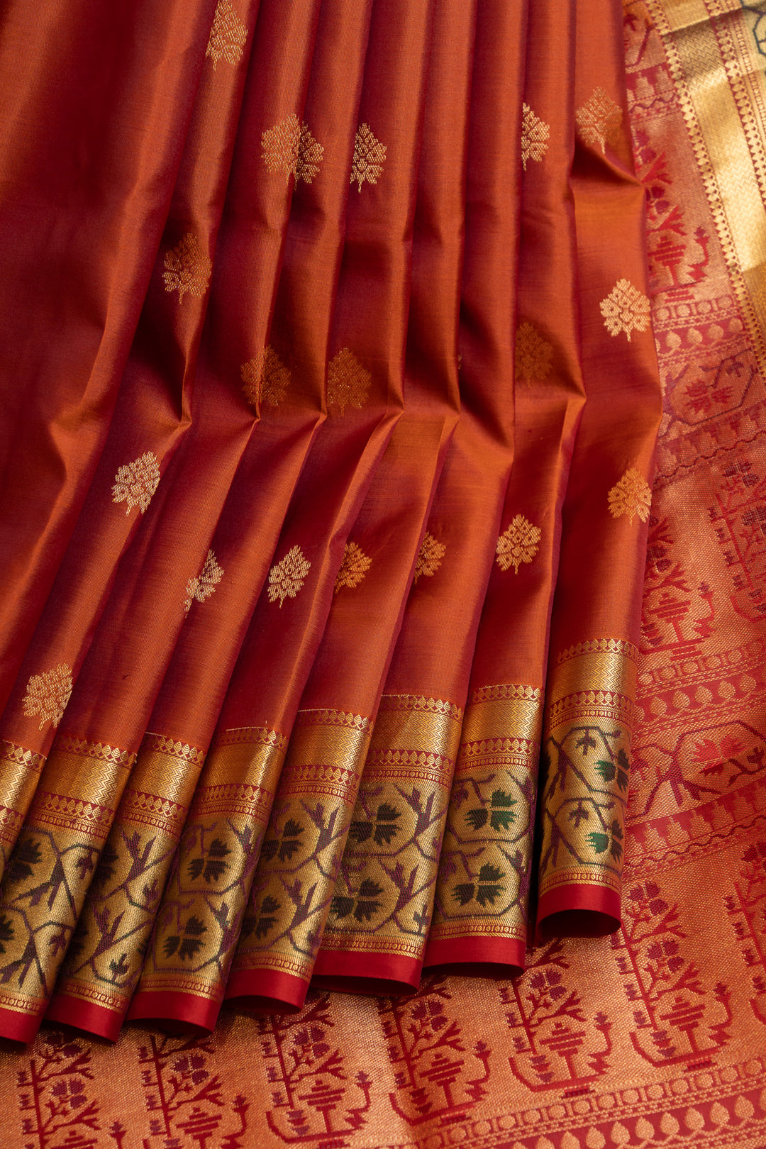 Rust orange Paithani border pure soft silk saree