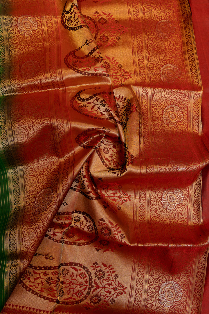 Bottle green and maroon Banaras border pure soft silk saree