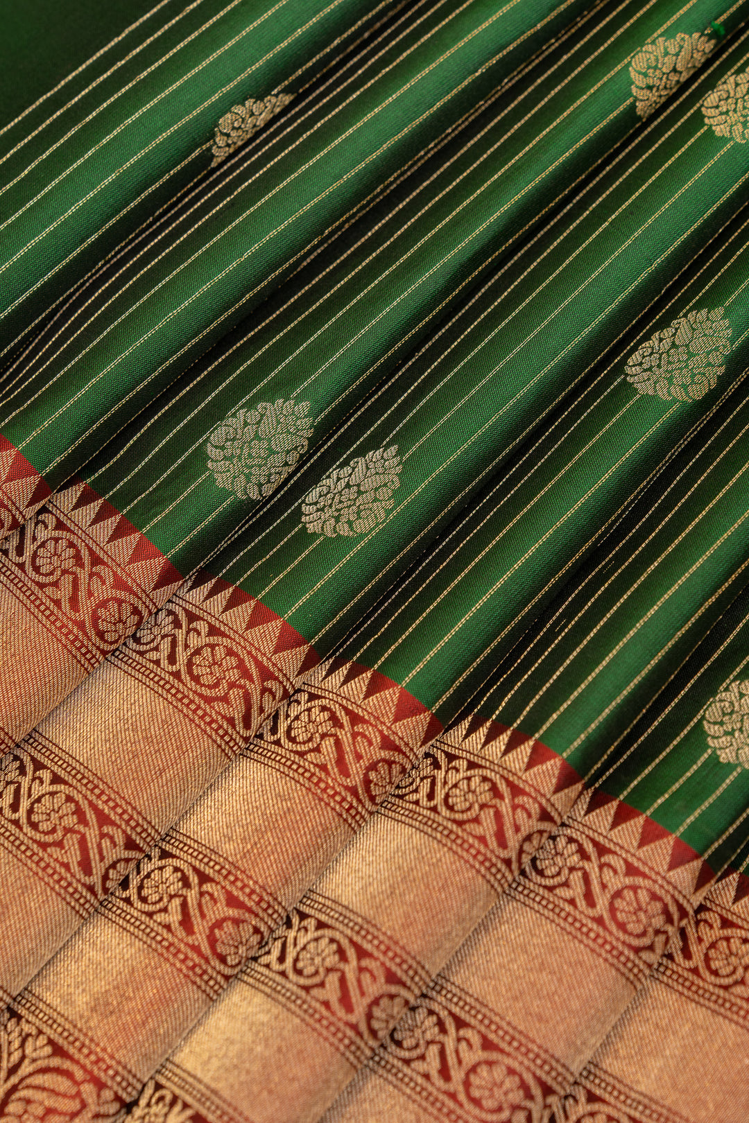 Bottle green and maroon Banaras border pure soft silk saree