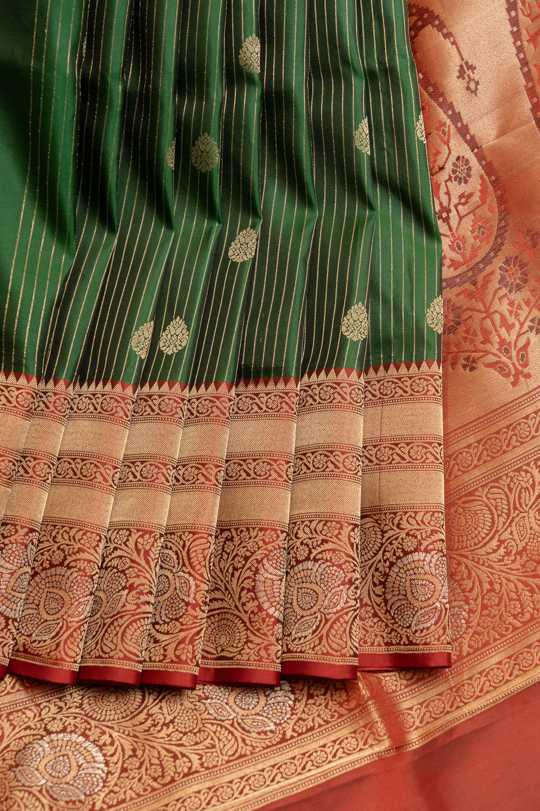 Bottle green and maroon Banaras border pure soft silk saree