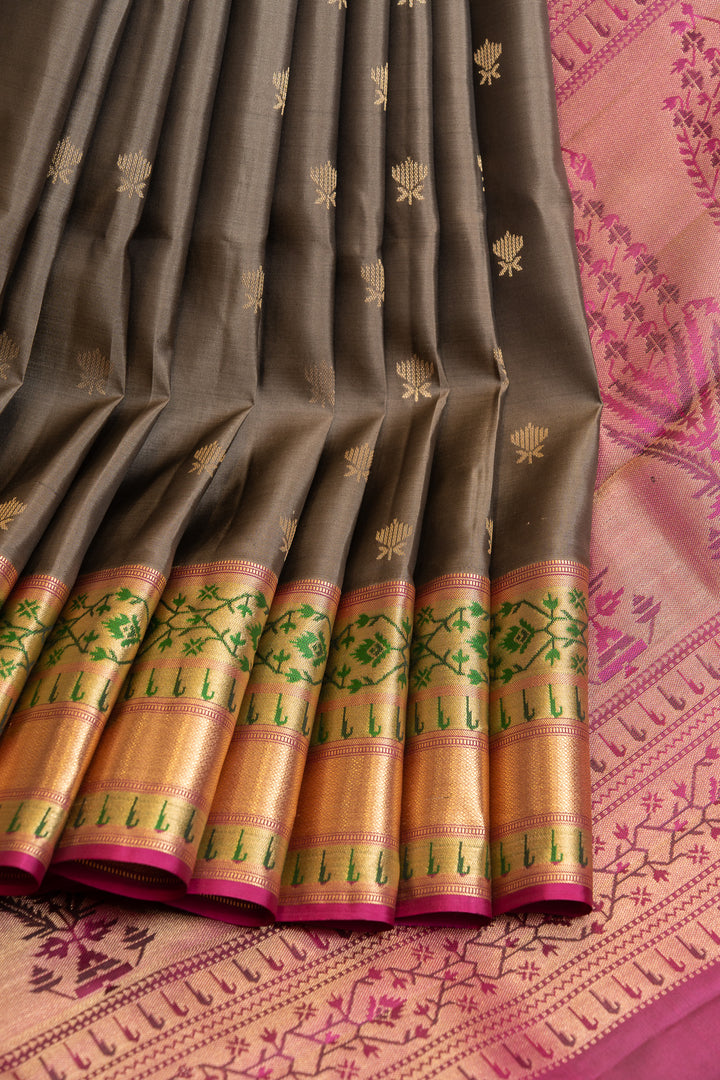 Grey Paithani border pure soft silk saree