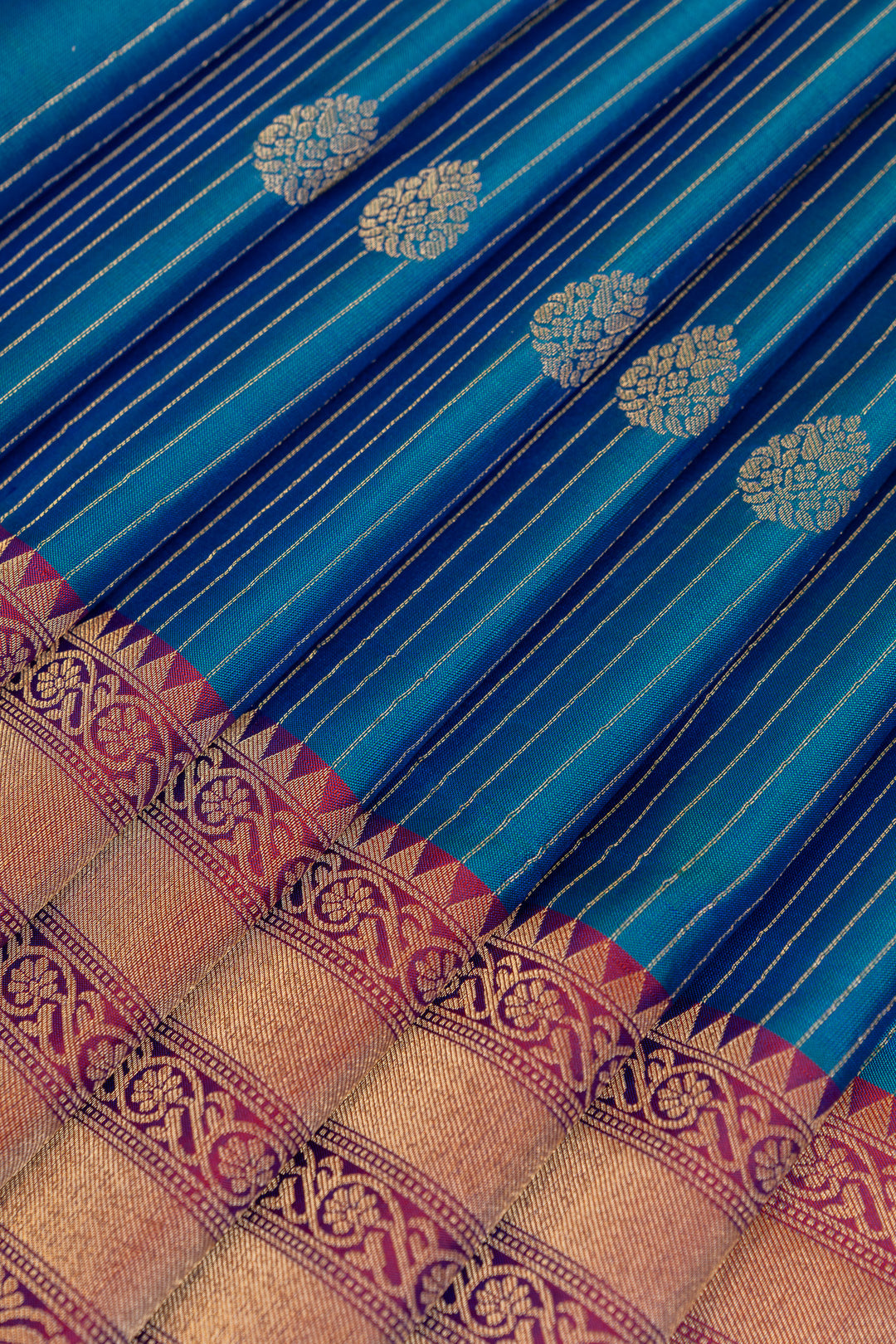 Peacock blue Zari stripes pure soft silk saree