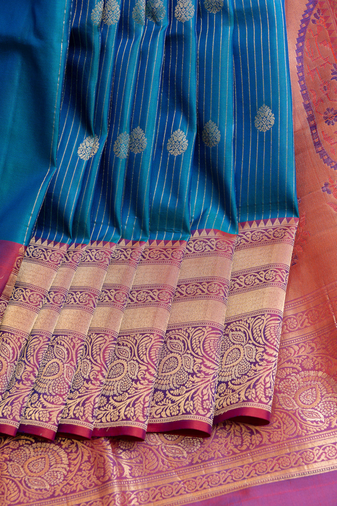 Peacock blue Zari stripes pure soft silk saree