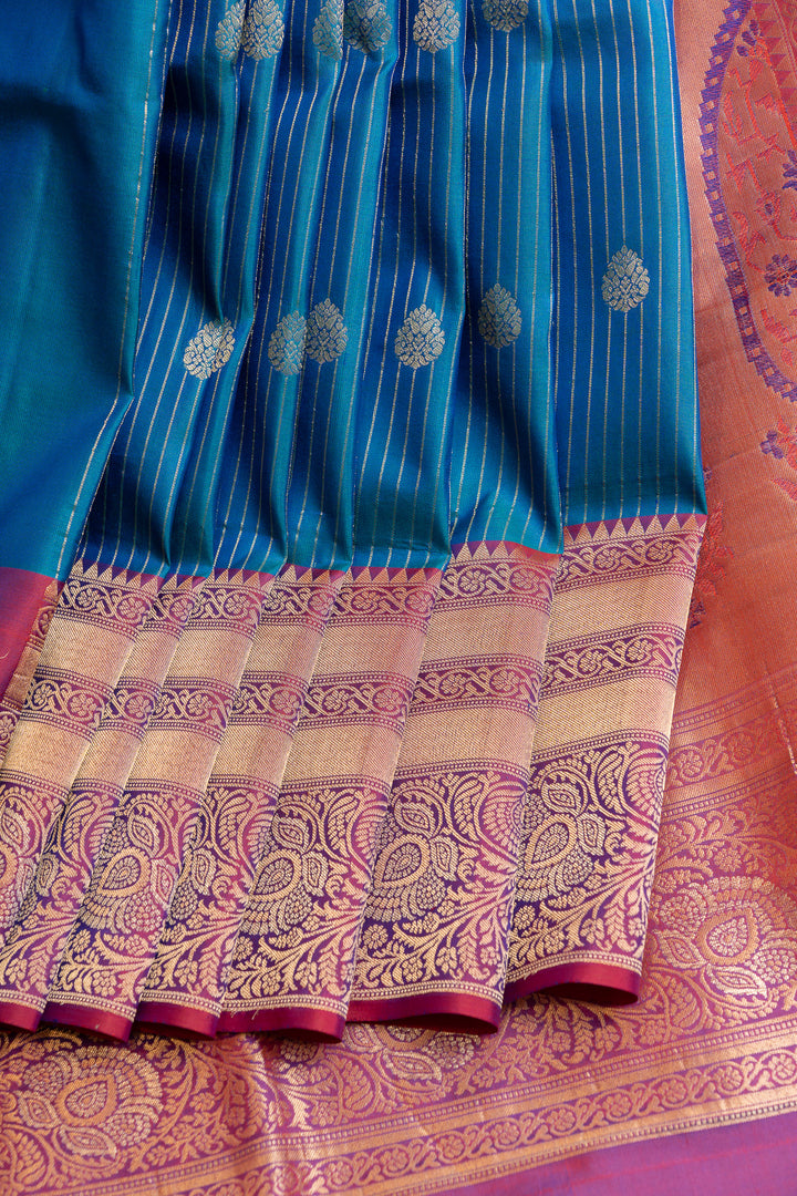 Peacock blue Zari stripes pure soft silk saree