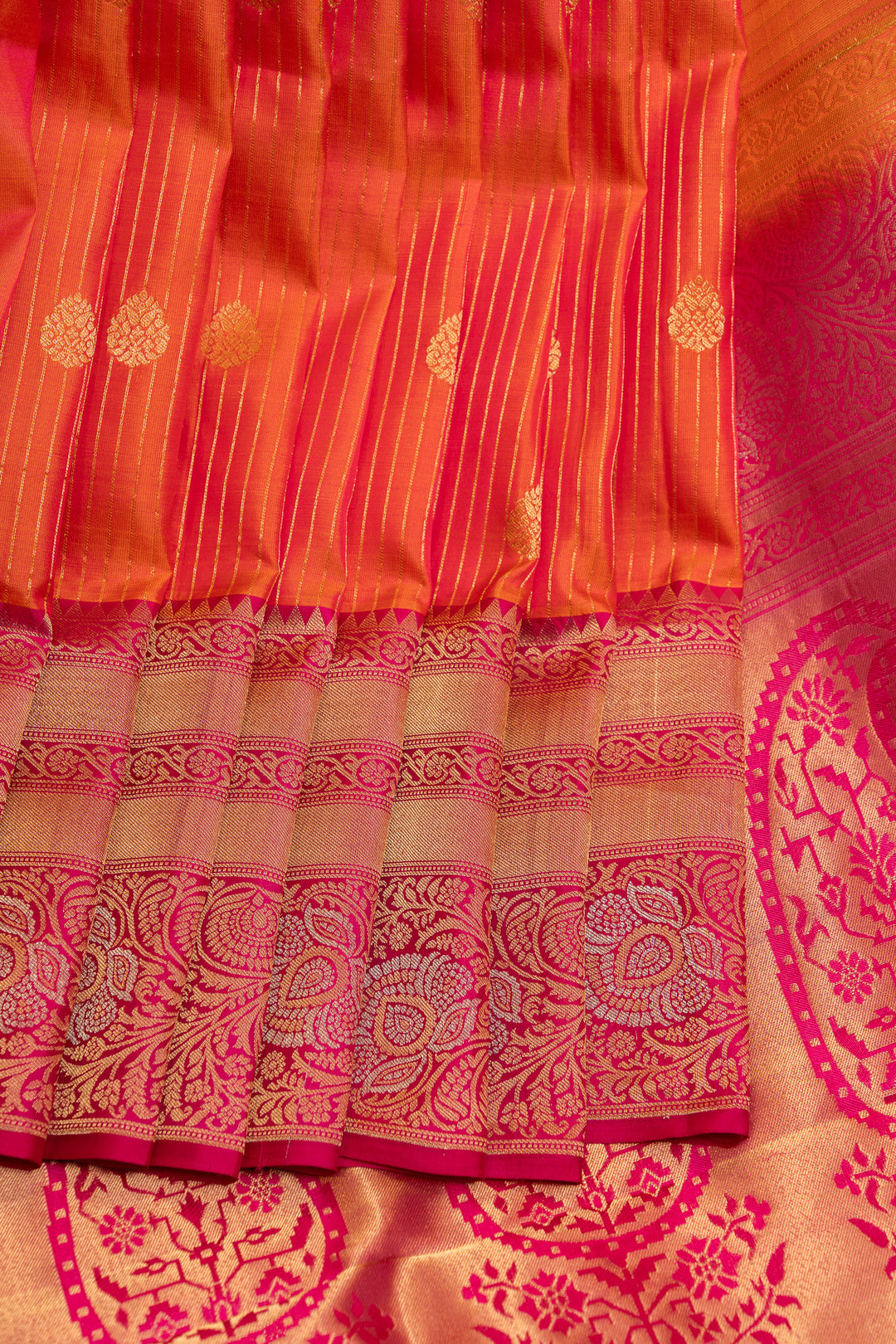 Peach orange stripes turning border pure soft silk saree