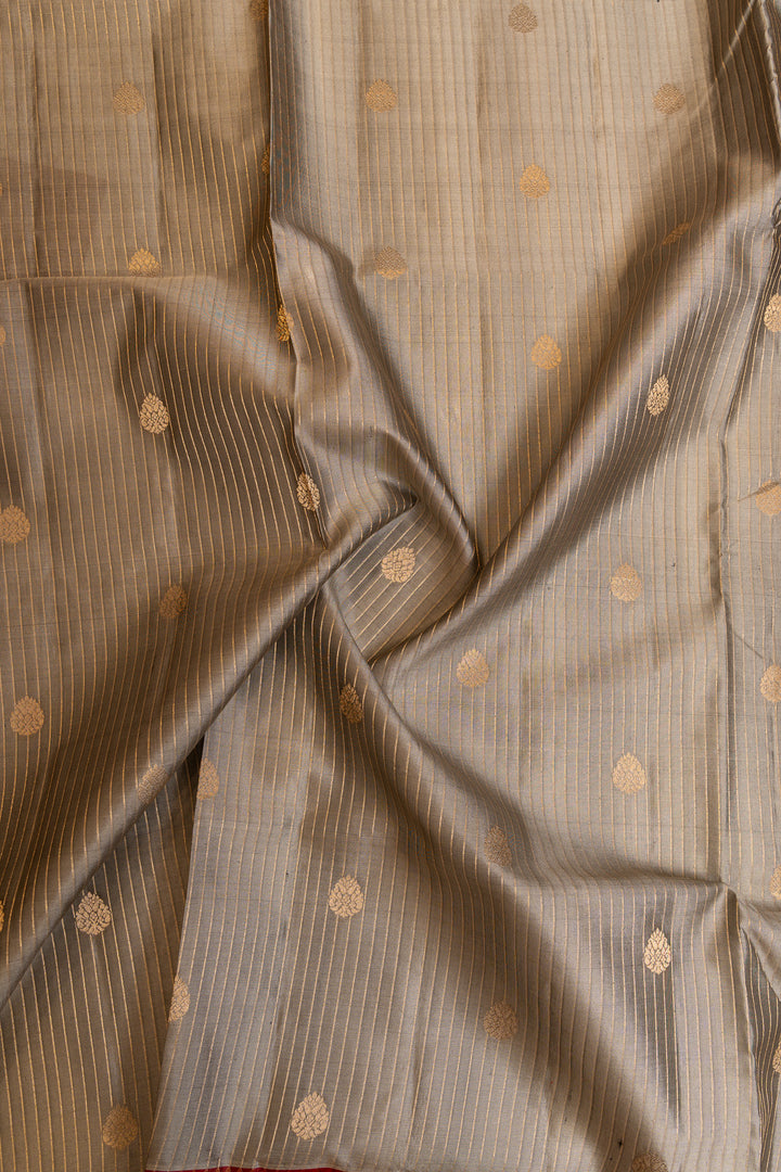 Grey and maroon stripes pure soft silk saree