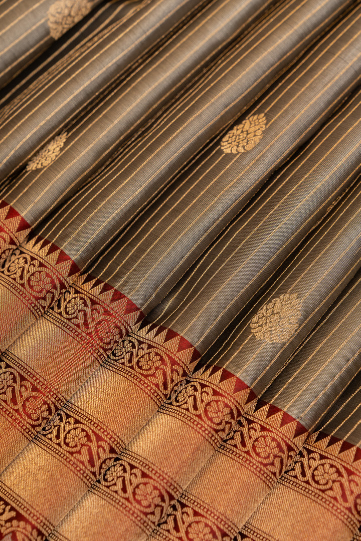 Grey and maroon stripes pure soft silk saree