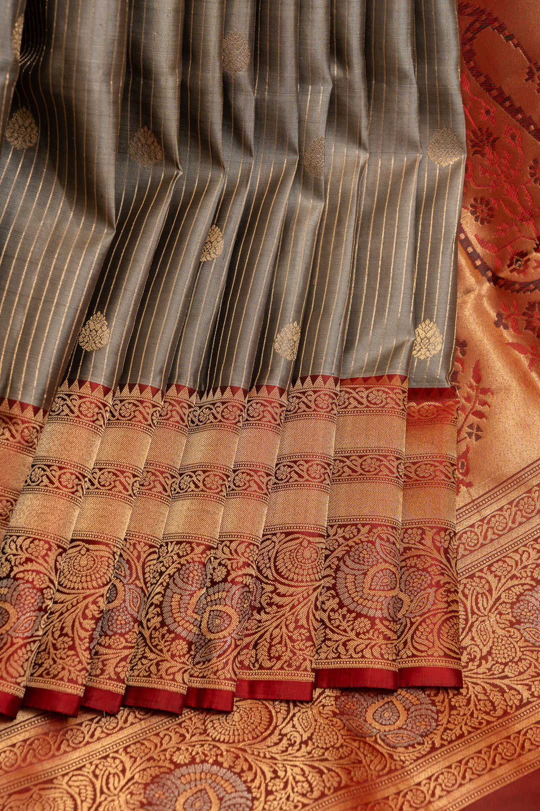 Grey and maroon stripes pure soft silk saree