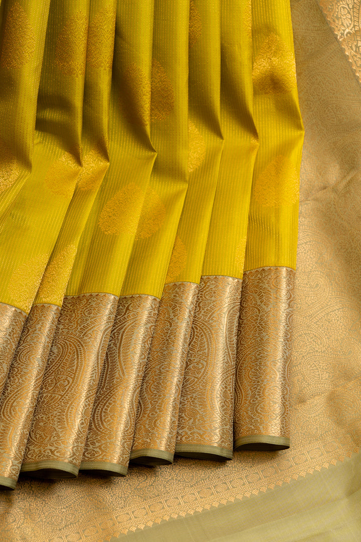 Lime green Zari stripes pure soft silk saree