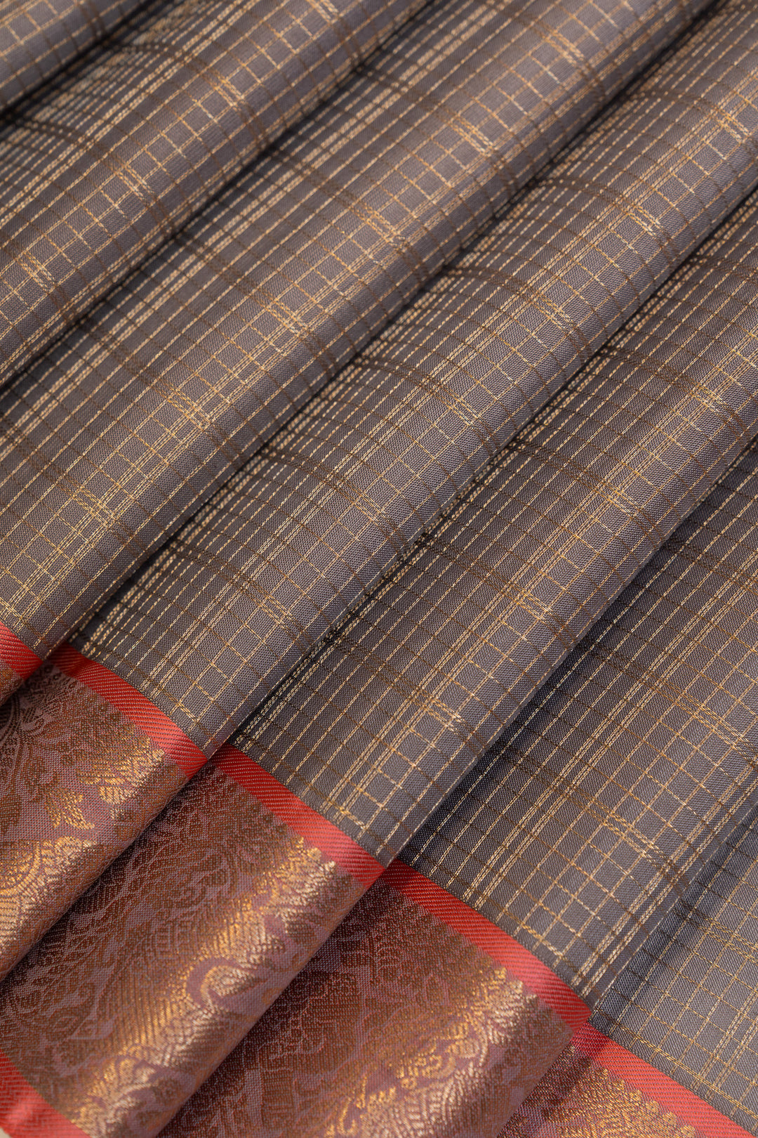 Silver and peach Zari checks brocade pure Kanchipuram silk saree