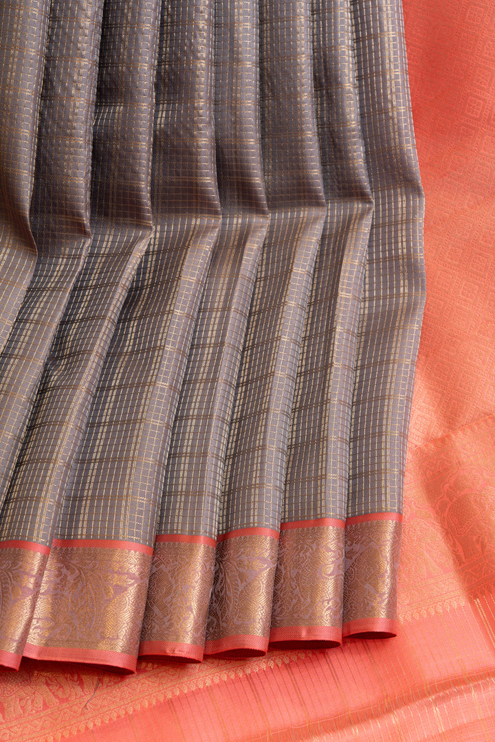 Silver and peach Zari checks brocade pure Kanchipuram silk saree